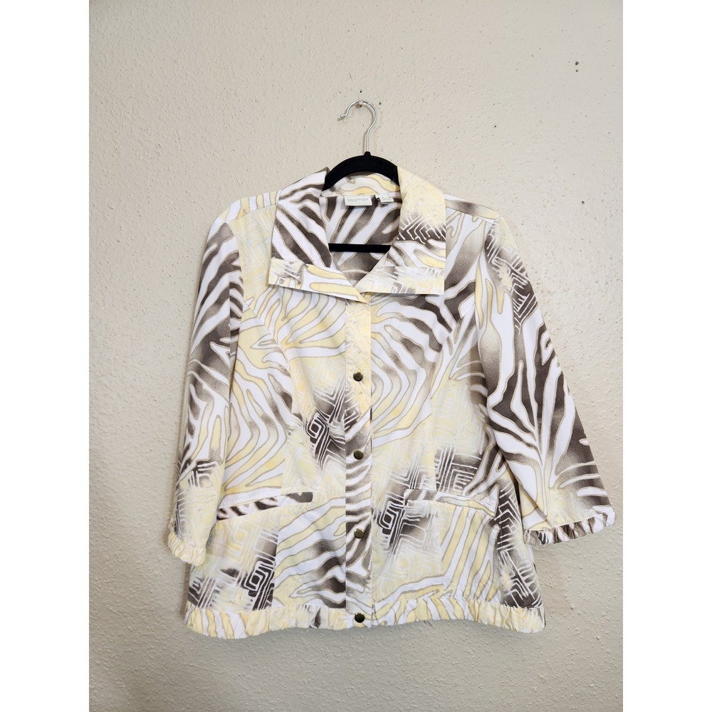Zenergy by Chicos Jacket Yellow Zebra Print Womens Large Snap Front 3/4 Sleeve